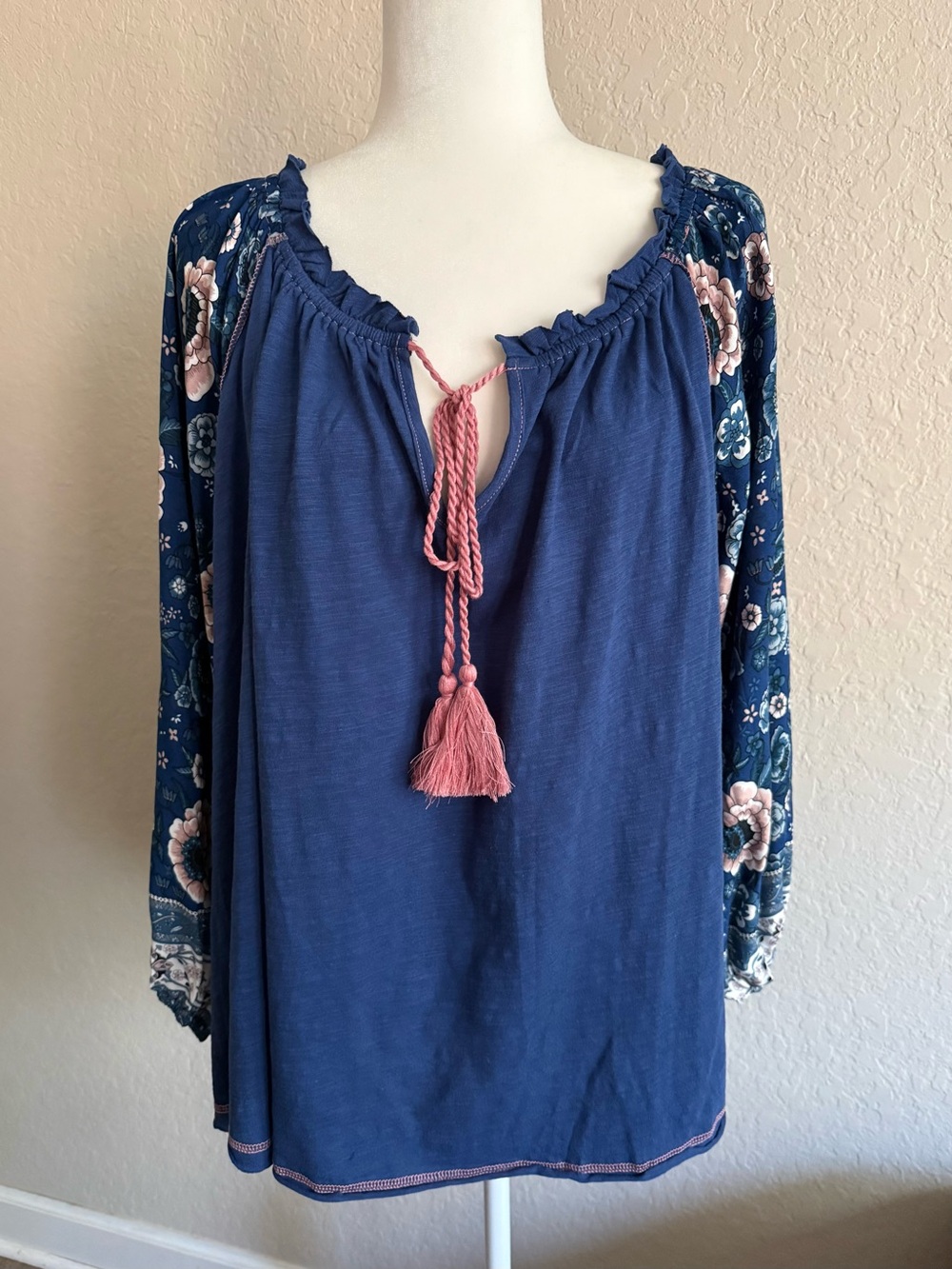 Bluheaven Blue Floral Boho Peasant Blouse Tassel Top XL NWOT